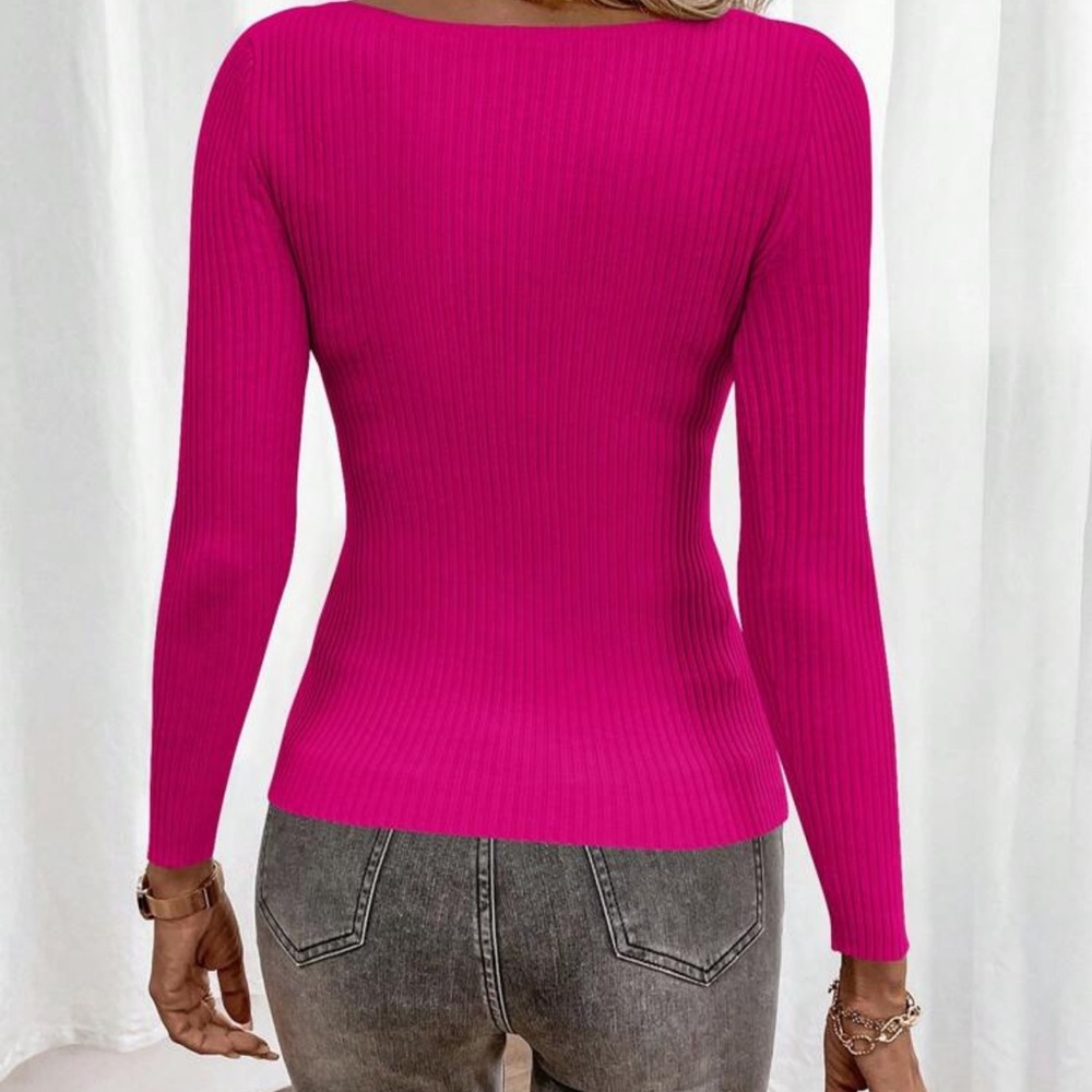 Pink Ribbed Knit Long Sleeve Tee - Picture 3 of 6
